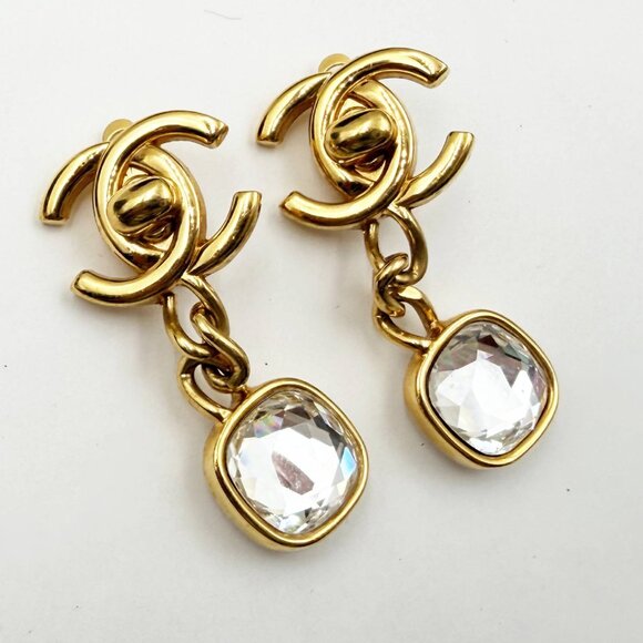 Chanel Vintage Gold Plated CC Turnlock Square Crystal Clip on Earrings - Picture 4 of 5